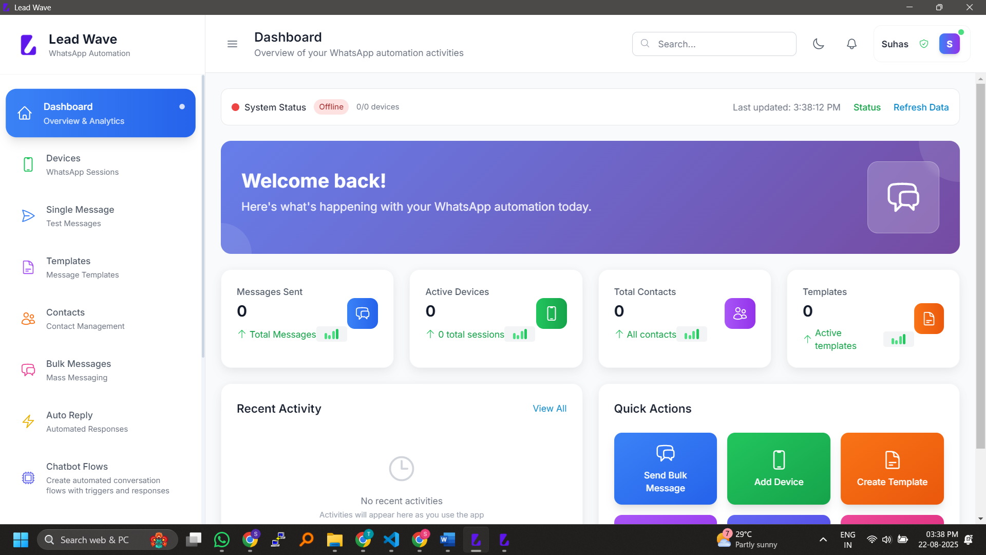 LeadWave's dashboard showing devices, messages and templates