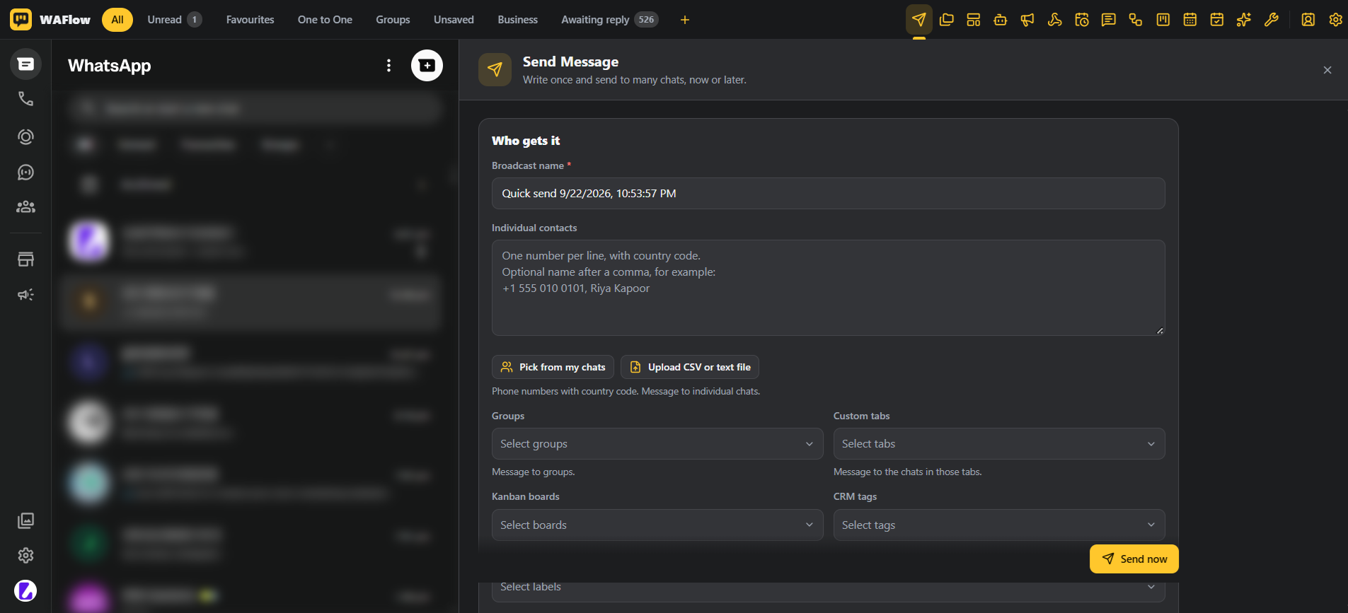 WAFlow's Send Message screen inside WhatsApp Web